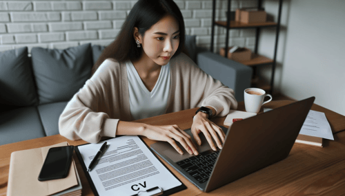 DALL·E 2023-10-10 12.47.01 - Photo of a focused young woman of Asian descent sitting at a desk, typing on her laptop with a draft of her CV displayed on the screen. Papers with no